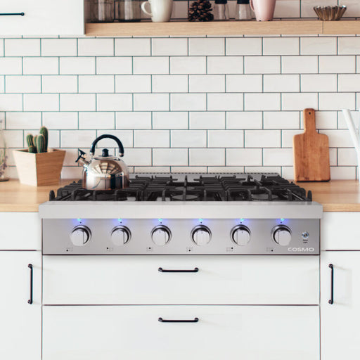 Cosmo 36-Inch Slide-In Counter Gas Cooktop with 6 Burners in Stainless Steel (COS-GRT366) Cosmo