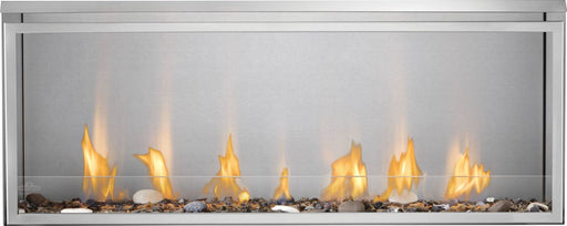 Napoleon Galaxy 50 outdoor natural gas fireplace front view with woodland media kit