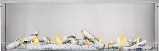 Napoleon Galaxy 62 outdoor natural gas fireplace with birch logs and clear glass embers