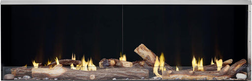 Napoleon Galaxy 62 outdoor natural gas fireplace front view with oak logs, woodland media and porcelain panels