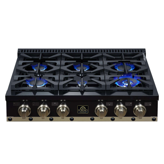 Forno Ambassador 36-inch gas cooktop in black front view with the burners lit
