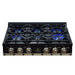 Forno Ambassador 36-inch gas cooktop in black front view with the burners lit