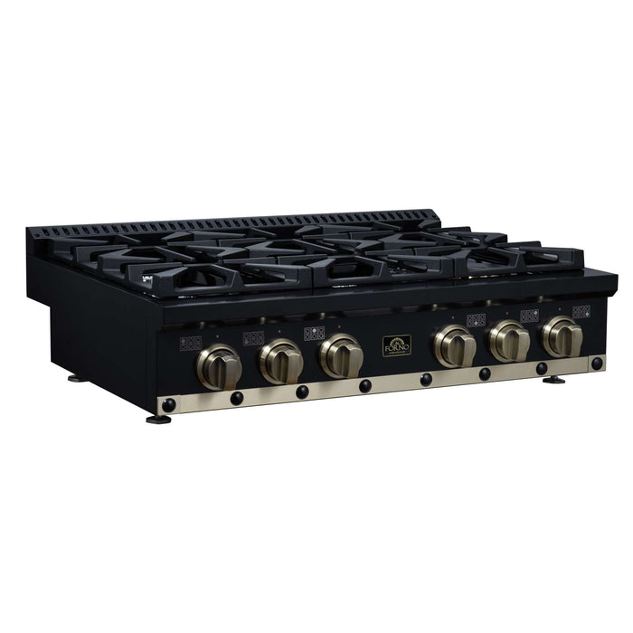 Forno Ambassador 36-inch gas cooktop in black left angled view, alternate