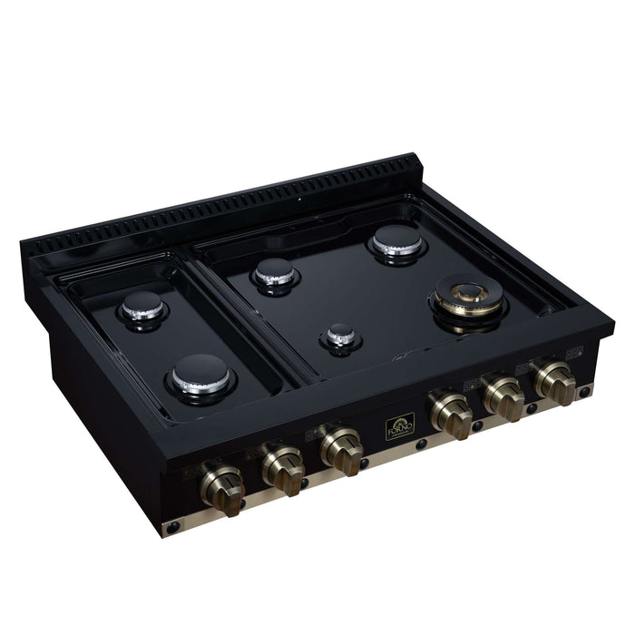 Forno Ambassador 36-inch gas cooktop in black sealed burners with the grates removed