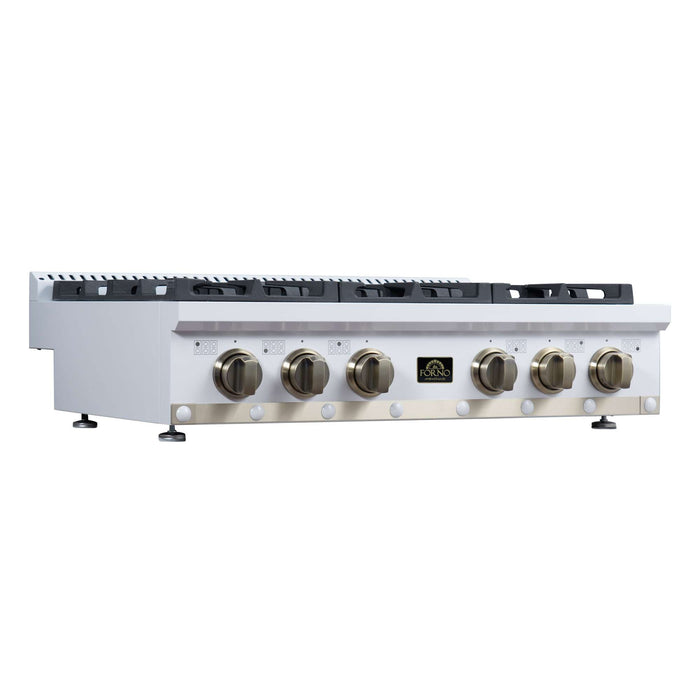 Forno Ambassador 36-inch gas cooktop in white left angled view, alternate