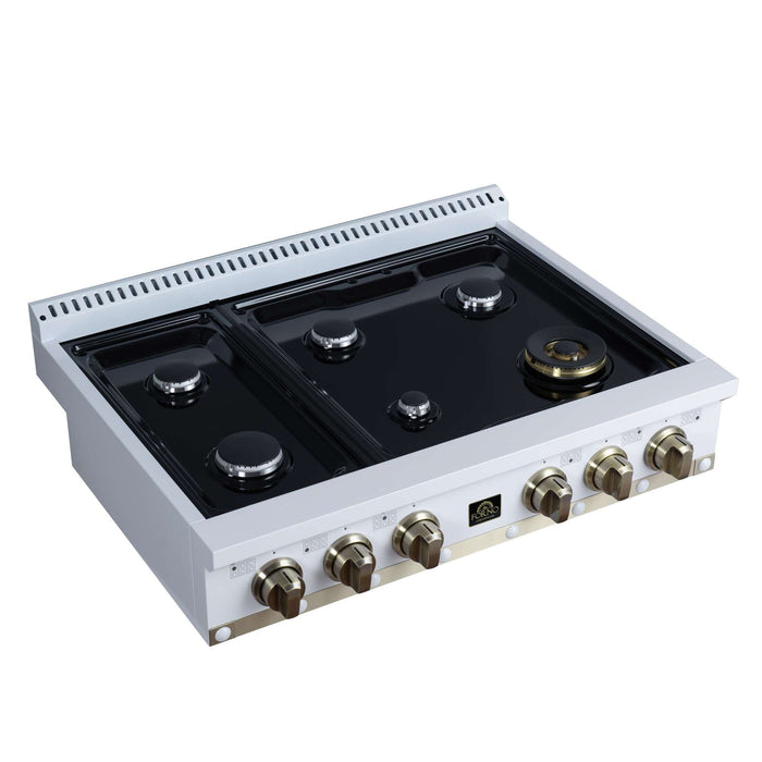 Forno Ambassador 36-inch gas cooktop in white sealed burners with the grates removed