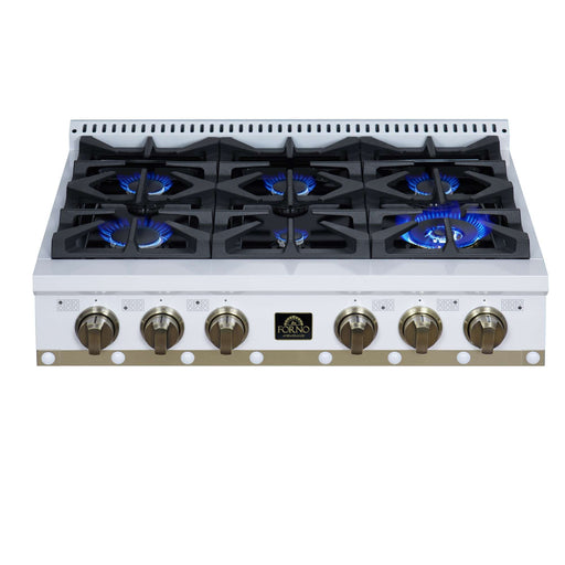 Forno Ambassador 36-inch gas cooktop in white top view with the burners lit