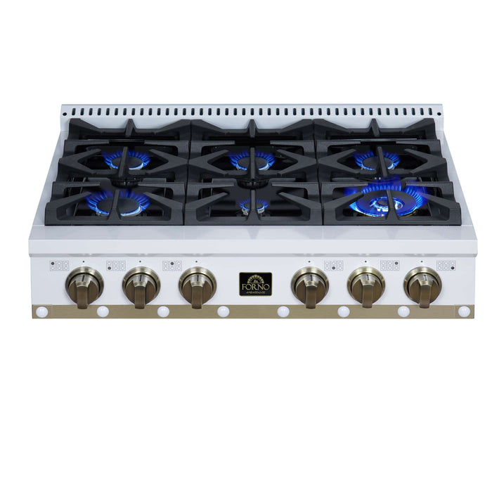 Forno Ambassador 36-inch gas cooktop in white top view with the burners lit