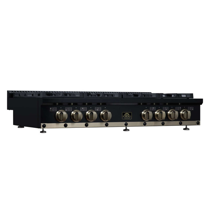 Forno Ambassador 48-inch gas cooktop in black left angled view, alternate