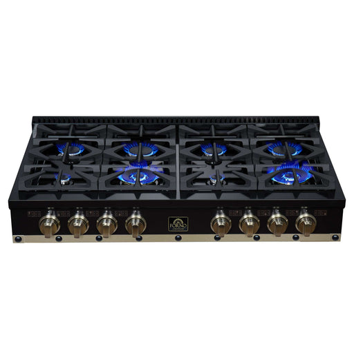 Forno Ambassador 48-inch gas cooktop in black top and front view