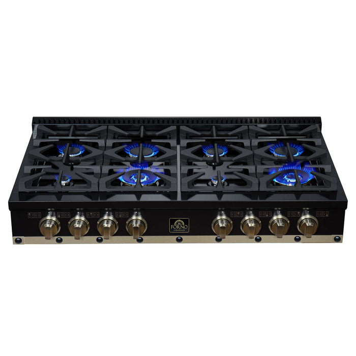 Forno Ambassador 48-inch gas cooktop in black top and front view