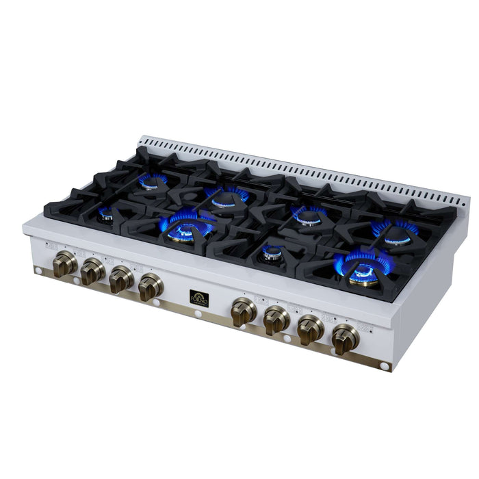 Forno Ambassador 48-inch gas cooktop in white right angled view with the burners lit