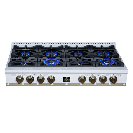 Forno Ambassador 48-inch gas cooktop in white top view with the burners lit