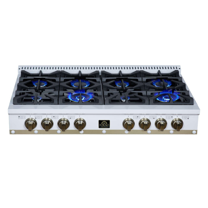 Forno Ambassador 48-inch gas cooktop in white top view with the burners lit