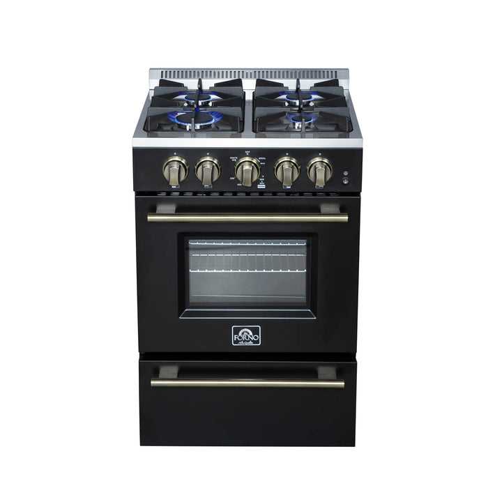 Forno Breno 24-Inch Freestanding Gas Range in Black with Antique Brass Trim (FFSGS6272-24BLK)