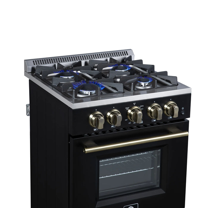 Forno Breno 24-Inch Freestanding Gas Range in Black with Antique Brass Trim (FFSGS6272-24BLK)