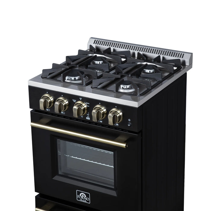 Forno Breno 24-Inch Freestanding Gas Range in Black with Antique Brass Trim (FFSGS6272-24BLK)