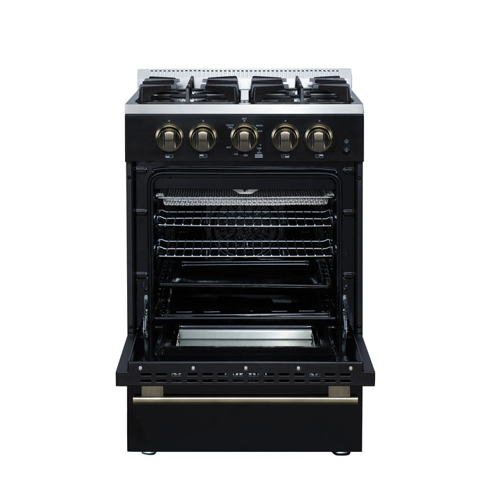 Forno Breno 24-Inch Freestanding Gas Range in Black with Antique Brass Trim (FFSGS6272-24BLK)