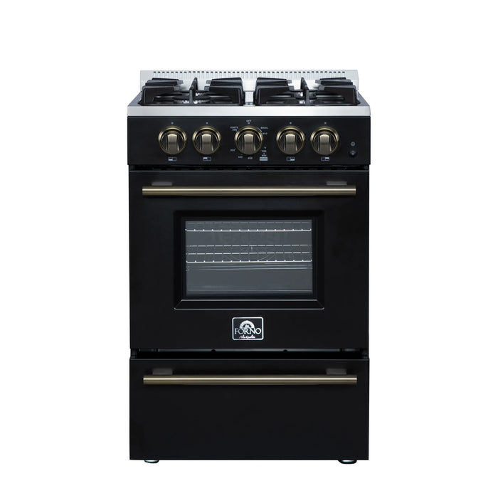 Forno Breno 24-Inch Freestanding Gas Range in Black with Antique Brass Trim (FFSGS6272-24BLK)