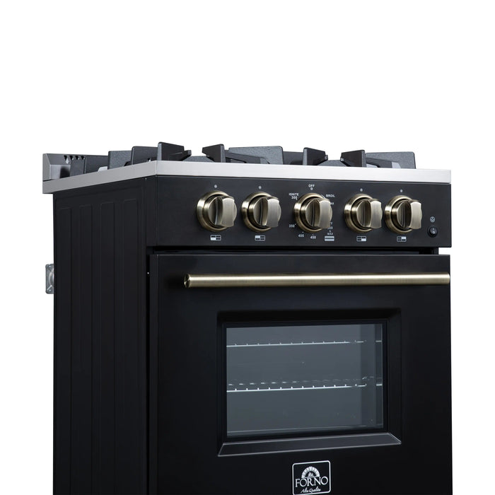 Forno Breno 24-Inch Freestanding Gas Range in Black with Antique Brass Trim (FFSGS6272-24BLK)