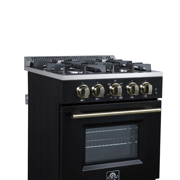 Forno Breno 24-Inch Freestanding Gas Range in Black with Antique Brass Trim (FFSGS6272-24BLK)