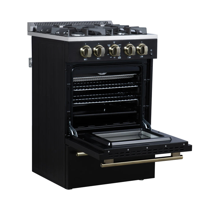 Forno Breno 24-Inch Freestanding Gas Range in Black with Antique Brass Trim (FFSGS6272-24BLK)