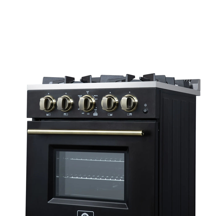 Forno Breno 24-Inch Freestanding Gas Range in Black with Antique Brass Trim (FFSGS6272-24BLK)