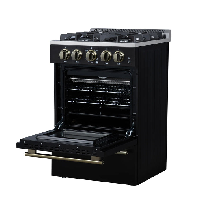 Forno Breno 24-Inch Freestanding Gas Range in Black with Antique Brass Trim (FFSGS6272-24BLK)