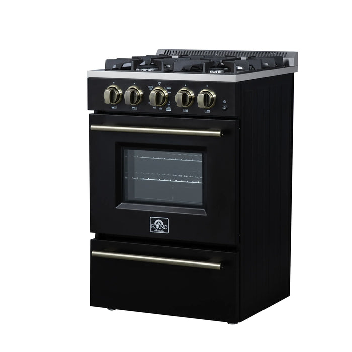Forno Breno 24-Inch Freestanding Gas Range in Black with Antique Brass Trim (FFSGS6272-24BLK)