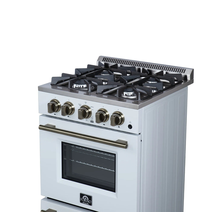 Forno Breno 24-Inch Freestanding Gas Range in White with Antique Brass Trim (FFSGS6272-24WHT)