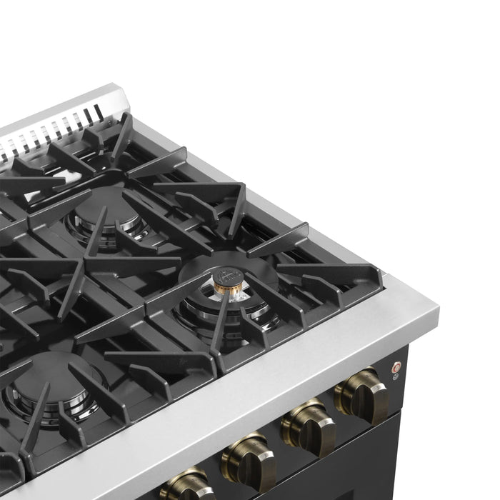 Forno Galiano 36-Inch French Door Dual Fuel Range with 6 Gas Burners and 5.36 Cu.Ft. Electric Convection Oven in Black with Antique Brass Trim (FFSGS6356-36BLK)