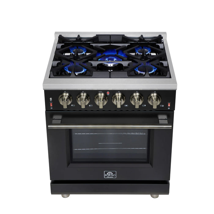 Forno Massimo 30-Inch Freestanding Gas Range with 4 Burners and 4.32 Cu. Ft. Convection Oven in Black with Antique Brass Handle (FFSGS6239-30BLK)