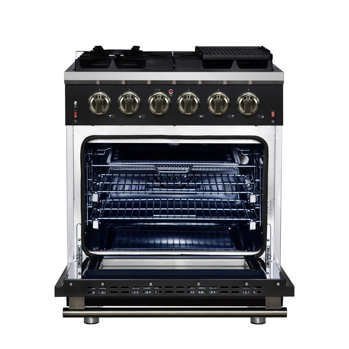 Forno Massimo 30-Inch Freestanding Gas Range with 4 Burners and 4.32 Cu. Ft. Convection Oven in Black with Antique Brass Handle (FFSGS6239-30BLK)