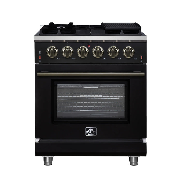 Forno Massimo 30-Inch Freestanding Gas Range with 4 Burners and 4.32 Cu. Ft. Convection Oven in Black with Antique Brass Handle (FFSGS6239-30BLK)
