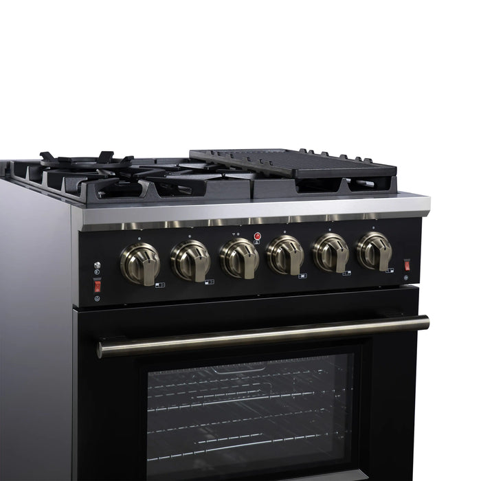 Forno Massimo 30-Inch Freestanding Gas Range with 4 Burners and 4.32 Cu. Ft. Convection Oven in Black with Antique Brass Handle (FFSGS6239-30BLK)