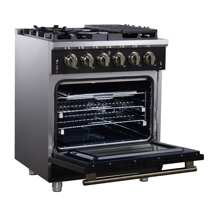 Forno Massimo 30-Inch Freestanding Gas Range with 4 Burners and 4.32 Cu. Ft. Convection Oven in Black with Antique Brass Handle (FFSGS6239-30BLK)