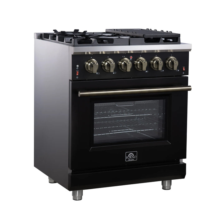Forno Massimo 30-Inch Freestanding Gas Range with 4 Burners and 4.32 Cu. Ft. Convection Oven in Black with Antique Brass Handle (FFSGS6239-30BLK)
