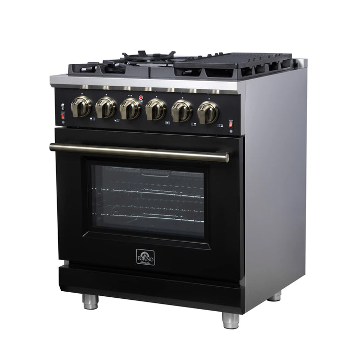 Forno Massimo 30-Inch Freestanding Gas Range with 4 Burners and 4.32 Cu. Ft. Convection Oven in Black with Antique Brass Handle (FFSGS6239-30BLK)
