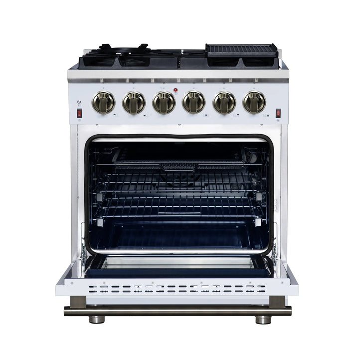 Forno Massimo 30-Inch Freestanding Gas Range with 4 Burners and 4.32 Cu. Ft. Convection Oven in White with Antique Brass Handle (FFSGS6239-30WHT)