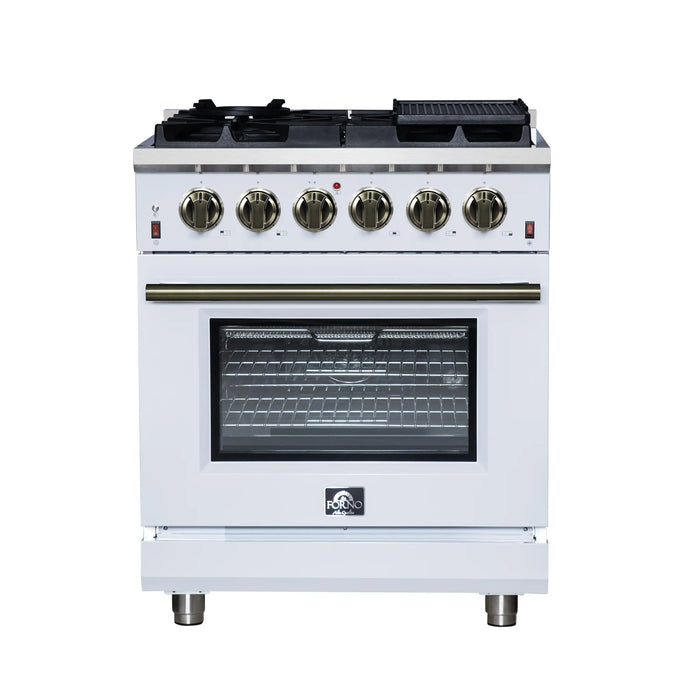 Forno Massimo 30-Inch Freestanding Gas Range with 4 Burners and 4.32 Cu. Ft. Convection Oven in White with Antique Brass Handle (FFSGS6239-30WHT)