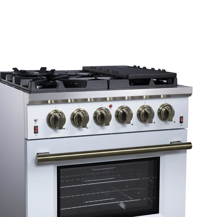 Forno Massimo 30-Inch Freestanding Gas Range with 4 Burners and 4.32 Cu. Ft. Convection Oven in White with Antique Brass Handle (FFSGS6239-30WHT)