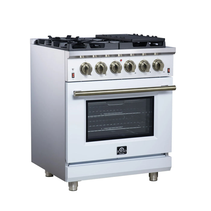Forno Massimo 30-Inch Freestanding Gas Range with 4 Burners and 4.32 Cu. Ft. Convection Oven in White with Antique Brass Handle (FFSGS6239-30WHT)