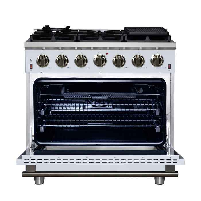 Forno Massimo 36-Inch Freestanding Gas Range with 6 Burners &  5.36 Cu.Ft. Convection Oven in White with Antique Brass Handle (FFSGS6239-36WHT)