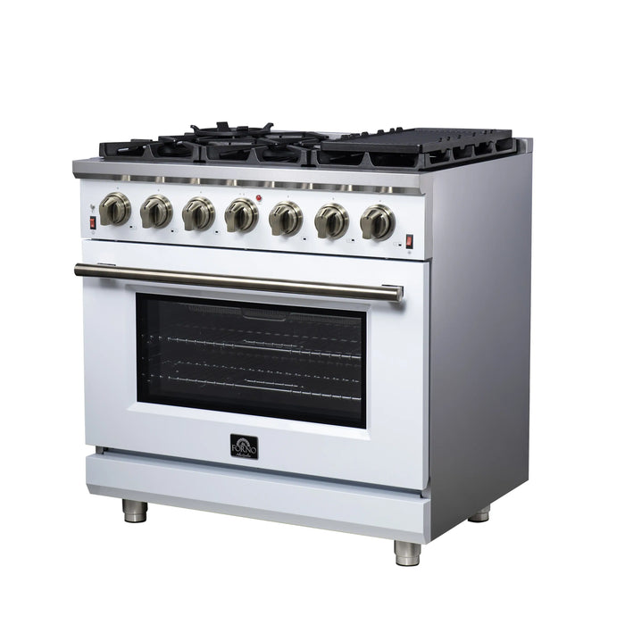 Forno Massimo 36-Inch Freestanding Gas Range with 6 Burners &  5.36 Cu.Ft. Convection Oven in White with Antique Brass Handle (FFSGS6239-36WHT)