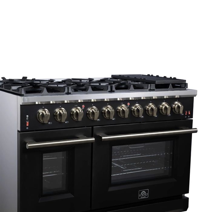 Forno Massimo 48-Inch Freestanding Gas Range with 8 Burners &  6.58 Cu.Ft. Convection Oven in Black with Antique Brass Handle (FFSGS6239-48BLK)