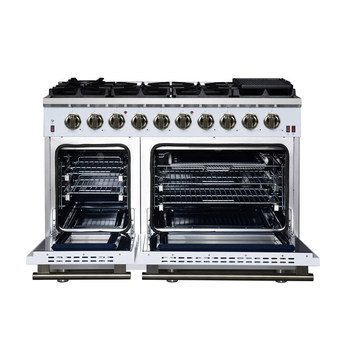Forno Massimo 48-Inch Freestanding Gas Range with 8 Burners &  6.58 Cu.Ft. Convection Oven in White with Antique Brass Handle (FFSGS6239-48WHT)