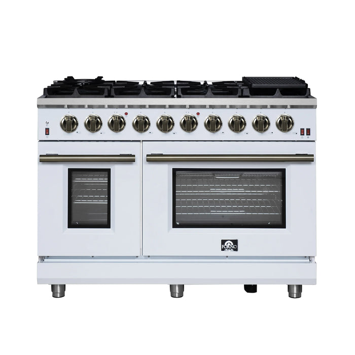 Forno Massimo 48-Inch Freestanding Gas Range with 8 Burners &  6.58 Cu.Ft. Convection Oven in White with Antique Brass Handle (FFSGS6239-48WHT)