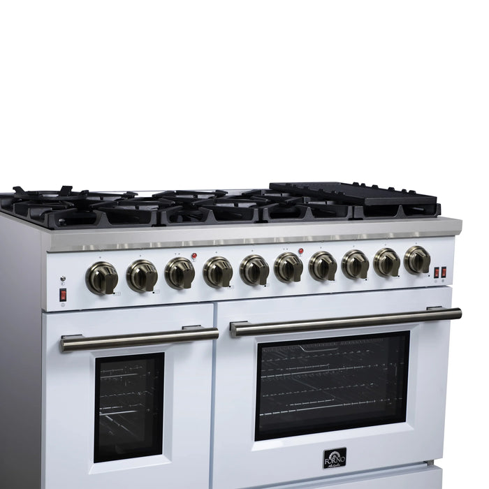 Forno Massimo 48-Inch Freestanding Gas Range with 8 Burners &  6.58 Cu.Ft. Convection Oven in White with Antique Brass Handle (FFSGS6239-48WHT)