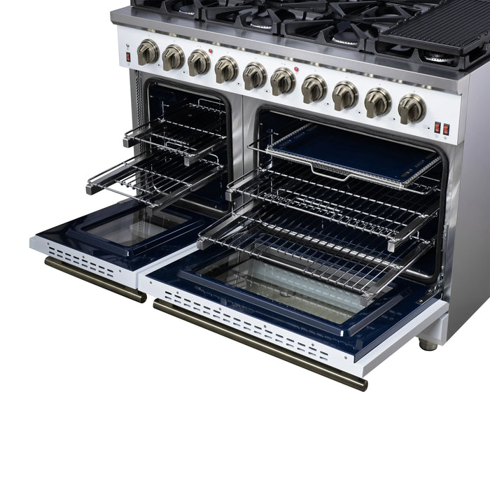 Forno Massimo 48-Inch Freestanding Gas Range with 8 Burners &  6.58 Cu.Ft. Convection Oven in White with Antique Brass Handle (FFSGS6239-48WHT)