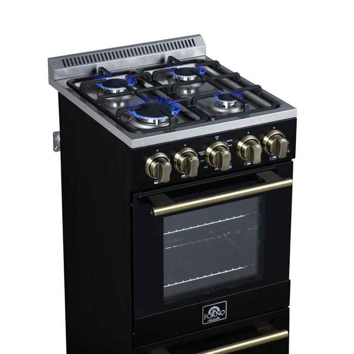 Forno Lamazze 20-Inch Freestanding Gas Range in Black with Antique Brass Trim (FFSGS6265-20BLK)